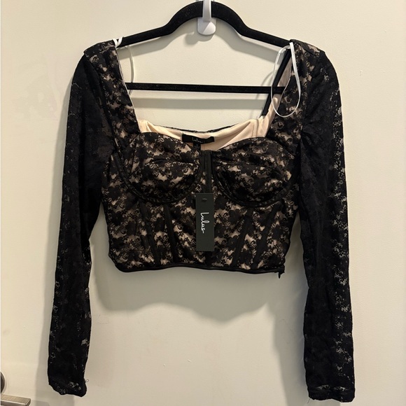 Lulus Tops - Lulus Whimsigoth long sleeve black lace sheer cropped corset top medium NWT